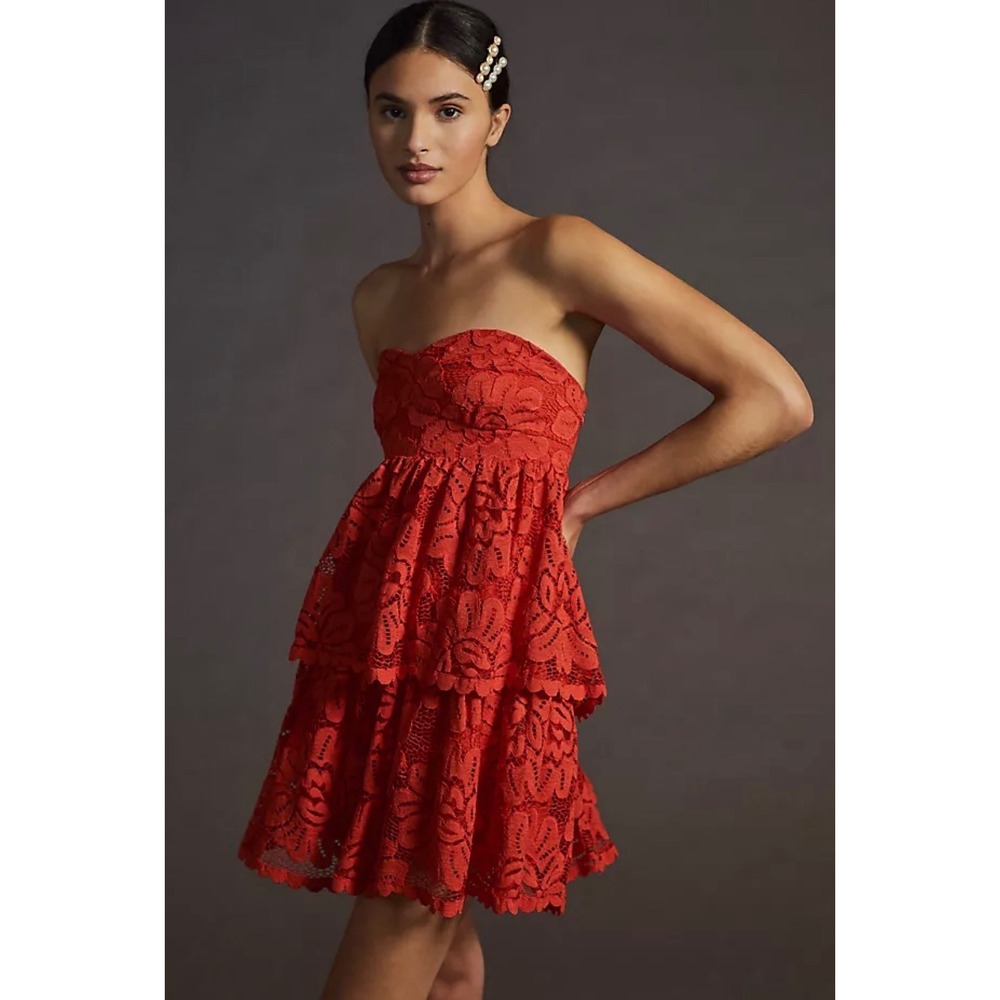 Maeve Anthropologie Strapless Lace Mini Dress Red Coral Coquette Romantic Boho M